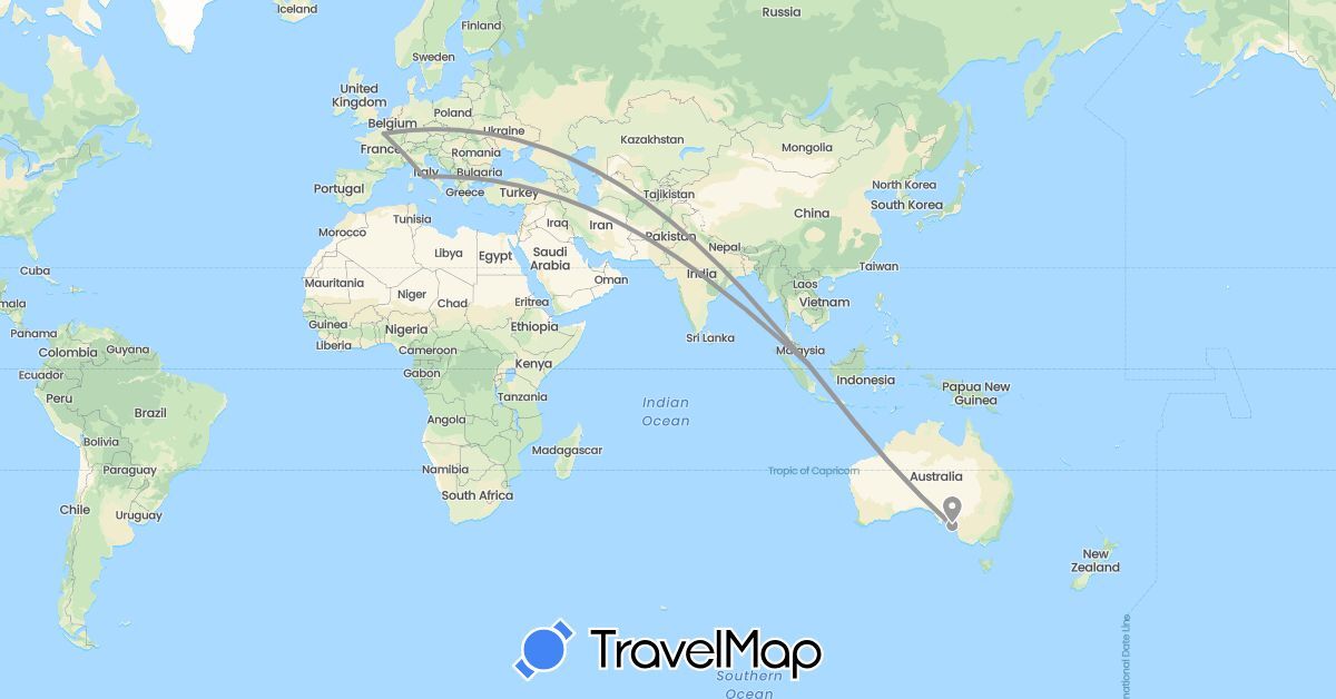 TravelMap itinerary: driving, plane in Australia, France, Italy, Singapore (Asia, Europe, Oceania)